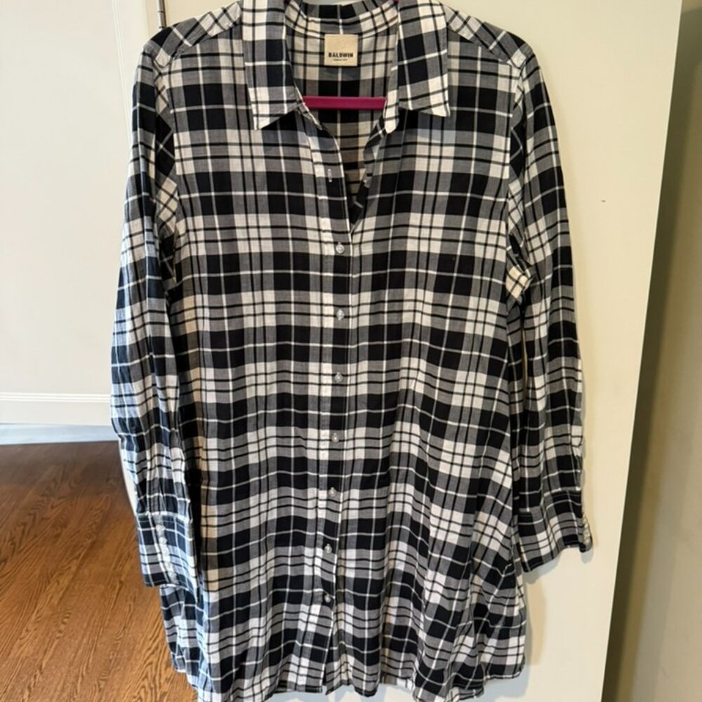 Baldwin Kansas City Black & White Flannel Button Down Dress with Pockets Size: L
